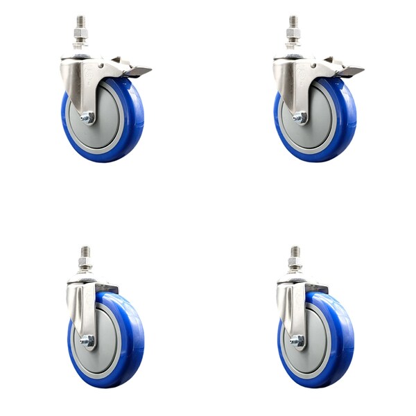 Service Caster 5 Inch 316SS Blue Polyurethane 12mm Threaded Stem Caster Lock Brake, 2PK SS316TSTTL20S514-PPUB-BLUE-M1215-2S2 - main